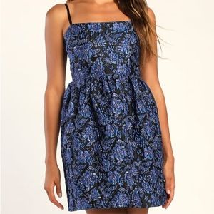 Adorable Nights Black and Blue Floral Jacquard Mini Skater Dress